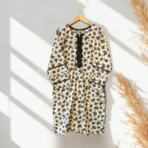 Home cream black floral suit khaddar